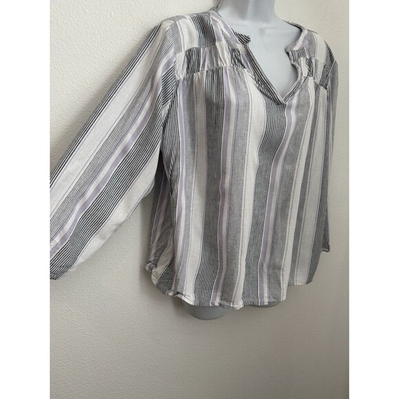 Splendid Women's Blouse V-Neck Viscose Linen Peasant White Stripe Boho Beach L - Picture 2 of 7